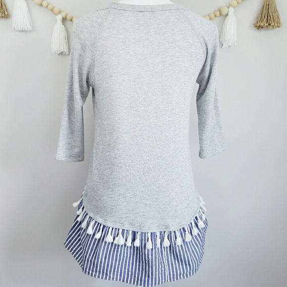 Moa Moa Grey Knit Top Blue Tassel Hem XS EUC Boho - Picture 6 of 8